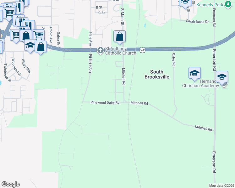 map of restaurants, bars, coffee shops, grocery stores, and more near 7158 Sunnyside Drive in Brooksville