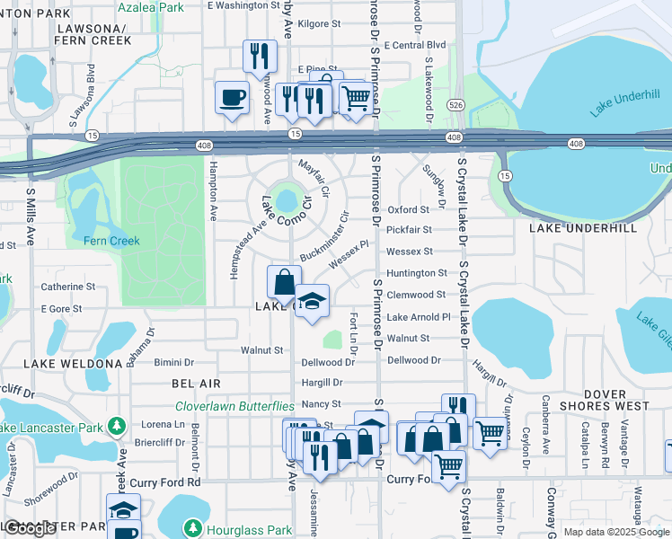 map of restaurants, bars, coffee shops, grocery stores, and more near 801 Wessex Place in Orlando
