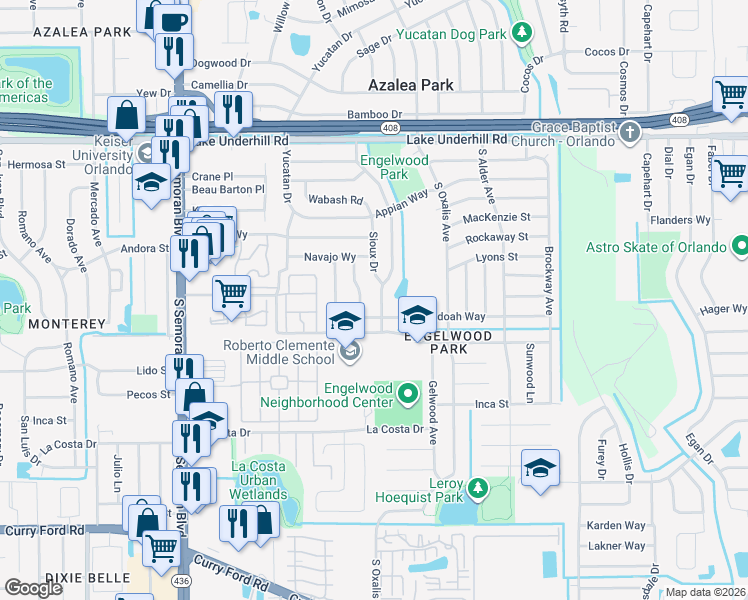 map of restaurants, bars, coffee shops, grocery stores, and more near 731 Engel Drive in Orlando
