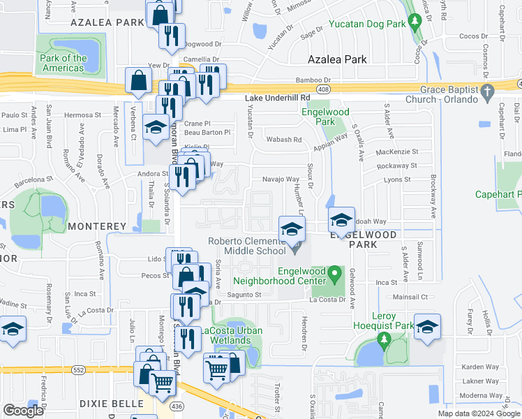 map of restaurants, bars, coffee shops, grocery stores, and more near 808 Don Quixote Avenue in Orlando