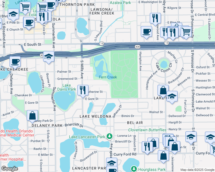map of restaurants, bars, coffee shops, grocery stores, and more near 1529 Catherine Street in Orlando