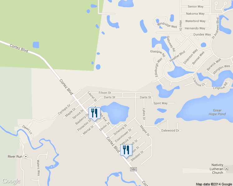 map of restaurants, bars, coffee shops, grocery stores, and more near 8128 Filson Street in Brooksville