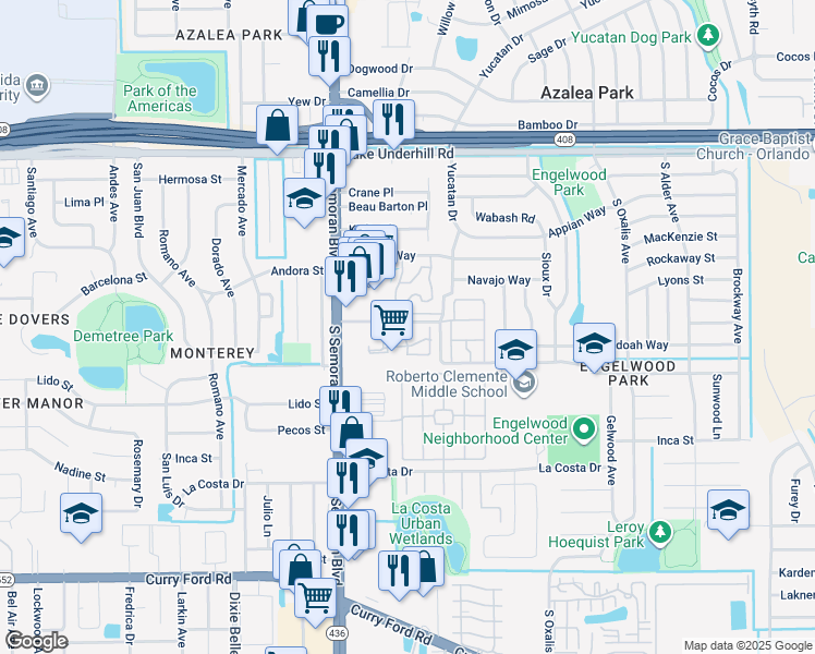 map of restaurants, bars, coffee shops, grocery stores, and more near 805 Quito Avenue in Orlando