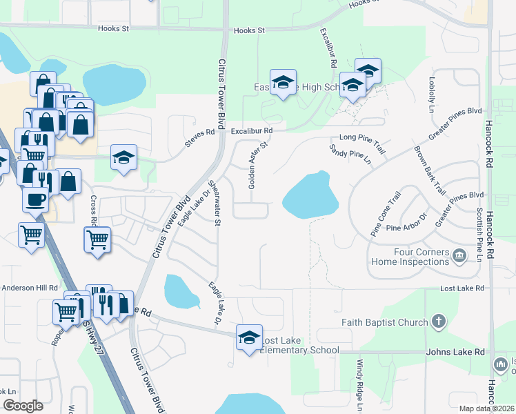 map of restaurants, bars, coffee shops, grocery stores, and more near 1867 Harrier Avenue in Clermont