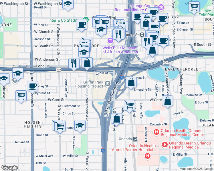 map of restaurants, bars, coffee shops, grocery stores, and more near 74 Callahan Drive in Orlando