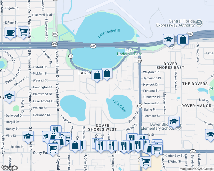 map of restaurants, bars, coffee shops, grocery stores, and more near 712 Springview Drive in Orlando