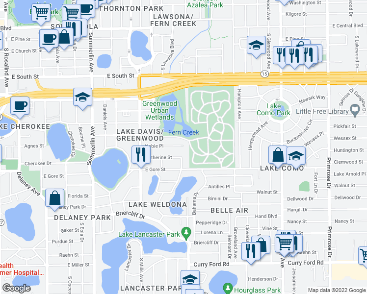 map of restaurants, bars, coffee shops, grocery stores, and more near 1529 Catherine Street in Orlando