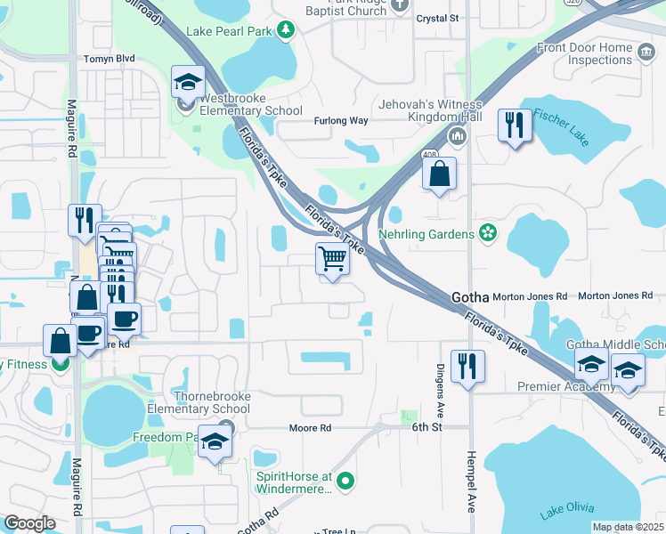 map of restaurants, bars, coffee shops, grocery stores, and more near 706 Gentry Court in Gotha