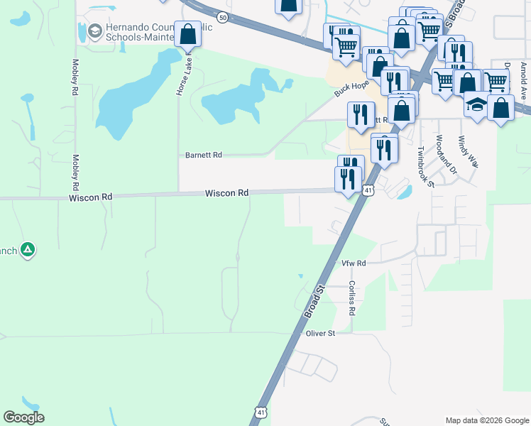 map of restaurants, bars, coffee shops, grocery stores, and more near 19174 Wiscon Road in Brooksville
