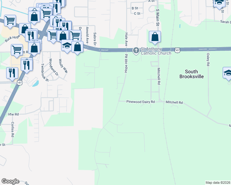 map of restaurants, bars, coffee shops, grocery stores, and more near 7153 Hope Hill Road in Brooksville