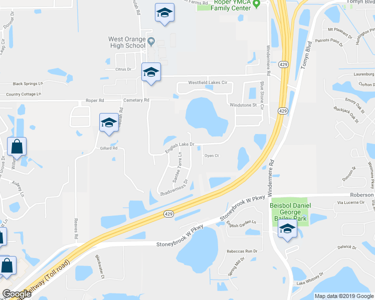 map of restaurants, bars, coffee shops, grocery stores, and more near 716 Shadowmoss Drive in Winter Garden