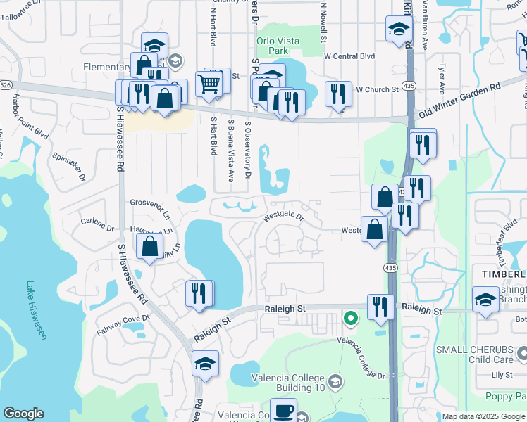 map of restaurants, bars, coffee shops, grocery stores, and more near 6101 Westgate Drive in Orlando
