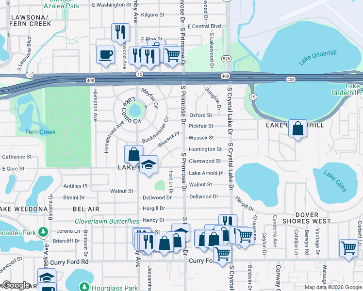 map of restaurants, bars, coffee shops, grocery stores, and more near 802 Huntington Place in Orlando