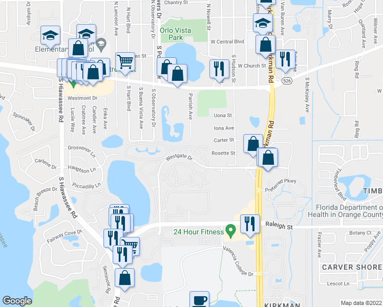 map of restaurants, bars, coffee shops, grocery stores, and more near 6005 Westgate Drive in Orlando