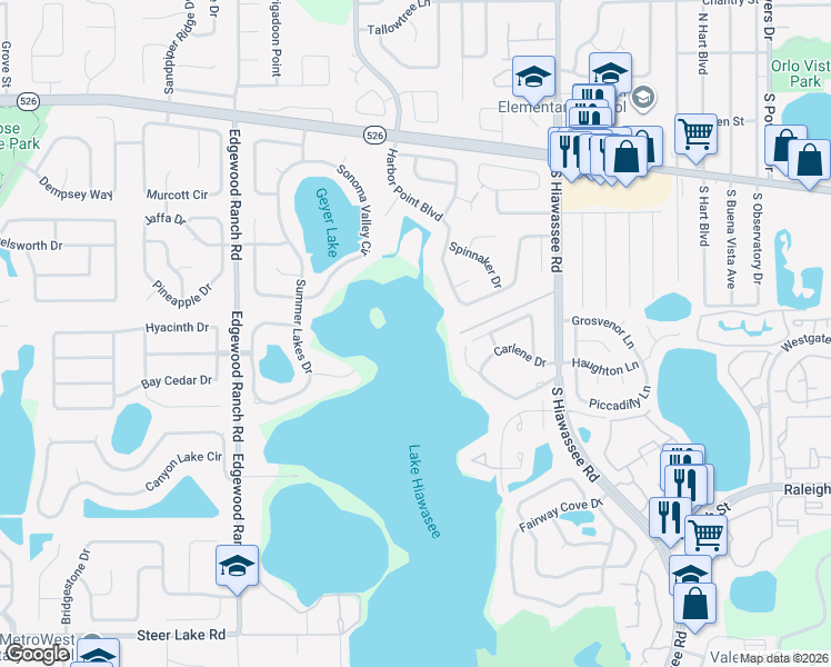 map of restaurants, bars, coffee shops, grocery stores, and more near 7153 Hiawassee Overlook Drive in Orlando