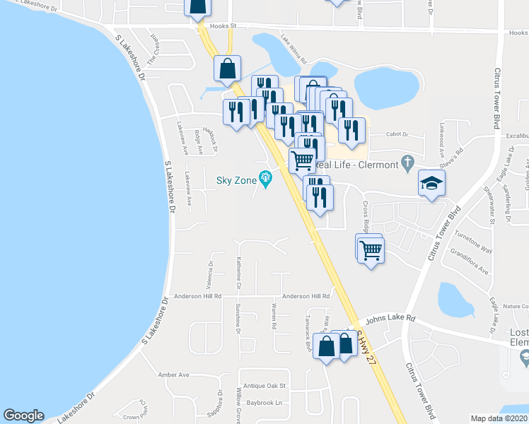map of restaurants, bars, coffee shops, grocery stores, and more near 2510 South Highway 27 in Clermont