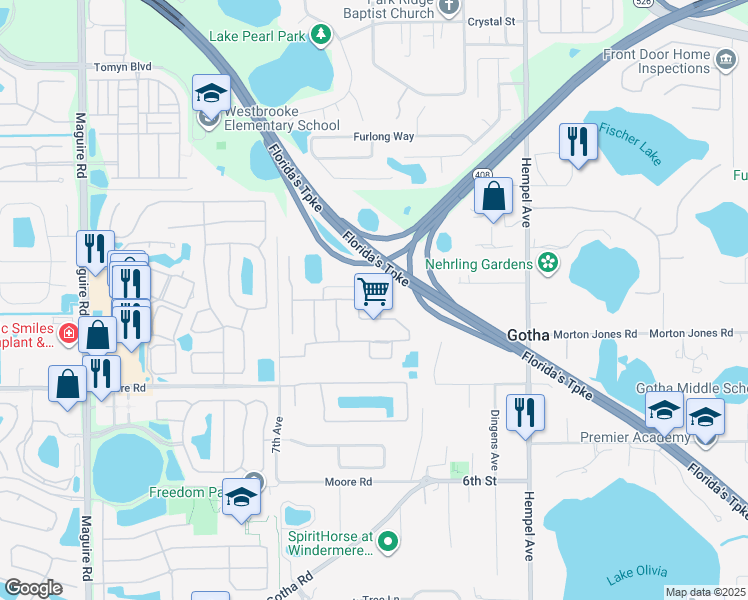map of restaurants, bars, coffee shops, grocery stores, and more near 706 Gentry Court in Gotha