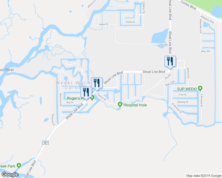 map of restaurants, bars, coffee shops, grocery stores, and more near 5530 Ramada Street in Weeki Wachee