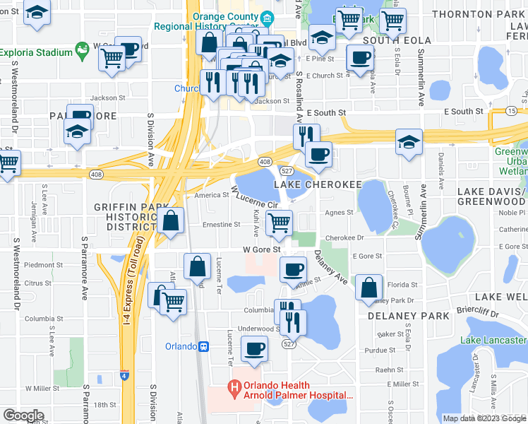 map of restaurants, bars, coffee shops, grocery stores, and more near 20 West Lucerne Circle in Orlando