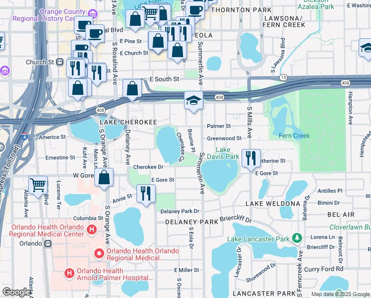 map of restaurants, bars, coffee shops, grocery stores, and more near 649 Cherokee Circle in Orlando