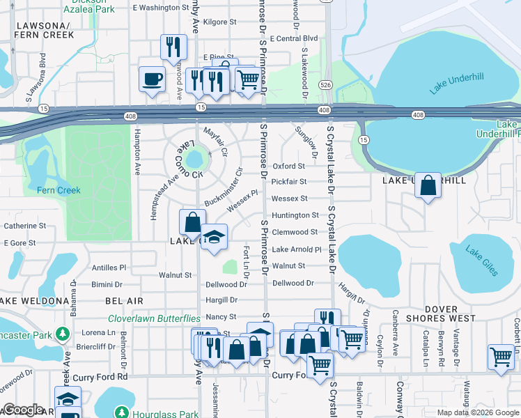 map of restaurants, bars, coffee shops, grocery stores, and more near 802 Huntington Place in Orlando