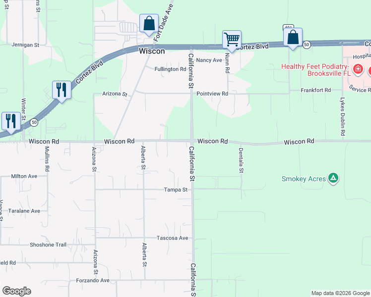 map of restaurants, bars, coffee shops, grocery stores, and more near 16250 Wiscon Road in Brooksville