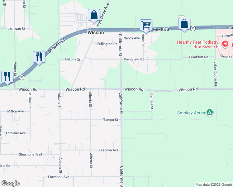 map of restaurants, bars, coffee shops, grocery stores, and more near 16250 Wiscon Road in Brooksville