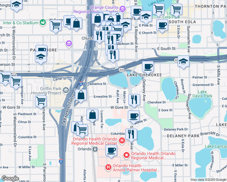 map of restaurants, bars, coffee shops, grocery stores, and more near 70 West Lucerne Circle in Orlando