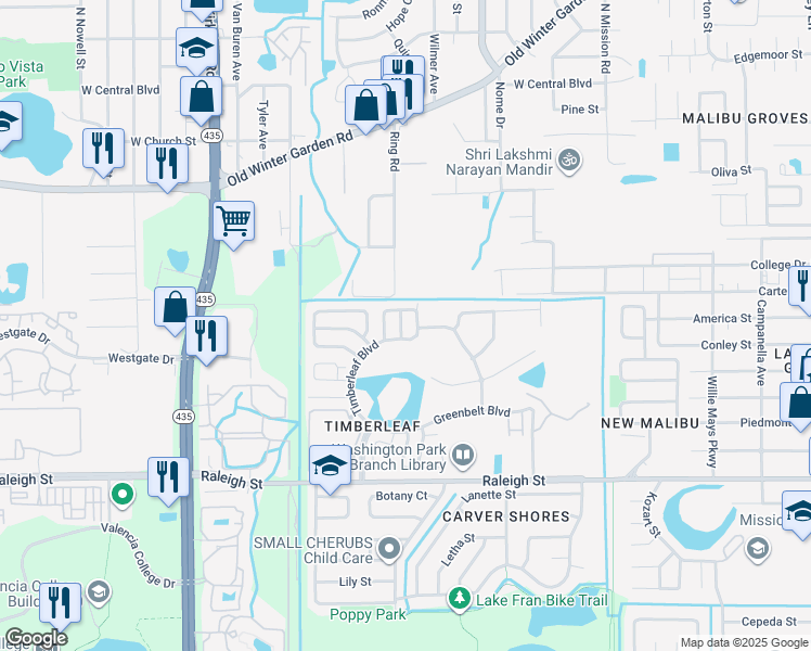 map of restaurants, bars, coffee shops, grocery stores, and more near 5200 Lobelia Drive in Orlando
