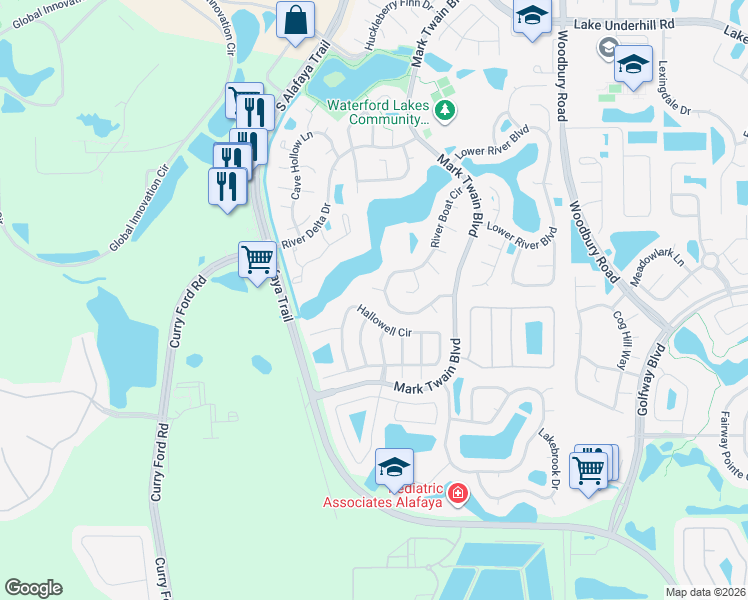 map of restaurants, bars, coffee shops, grocery stores, and more near 838 River Boat Circle in Orlando