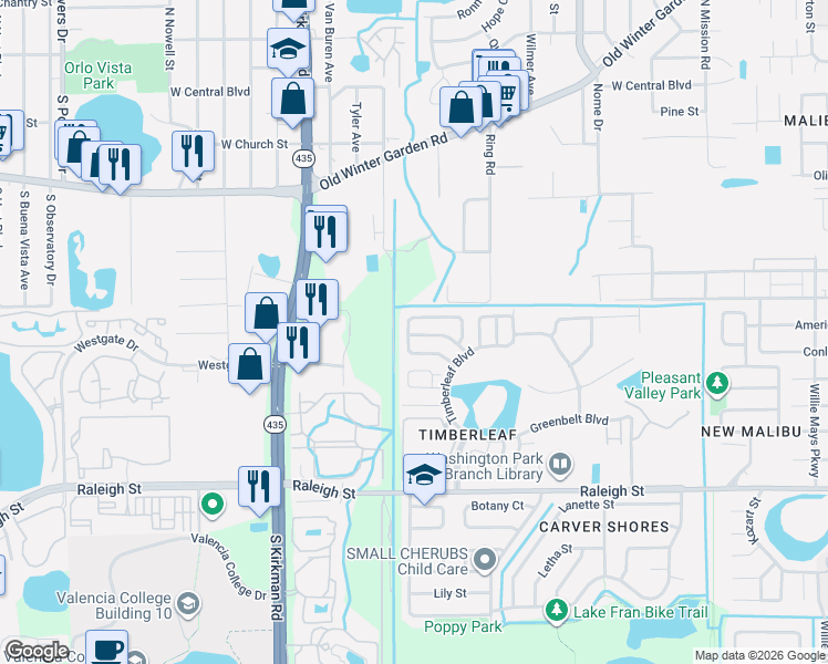 map of restaurants, bars, coffee shops, grocery stores, and more near 628 Oakford Way in Orlando
