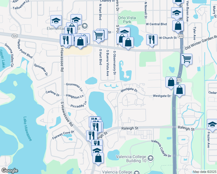 map of restaurants, bars, coffee shops, grocery stores, and more near 6167 Westgate Drive in Orlando