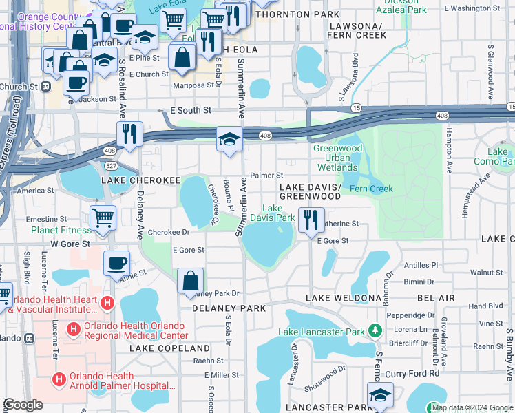 map of restaurants, bars, coffee shops, grocery stores, and more near 714 Daniels Avenue in Orlando