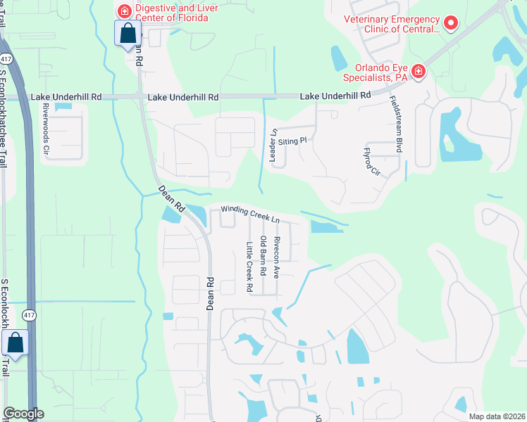 map of restaurants, bars, coffee shops, grocery stores, and more near 10218 Winding Creek Lane in Orlando