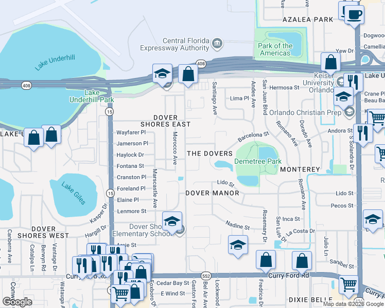 map of restaurants, bars, coffee shops, grocery stores, and more near 812 Coquina Court in Orlando