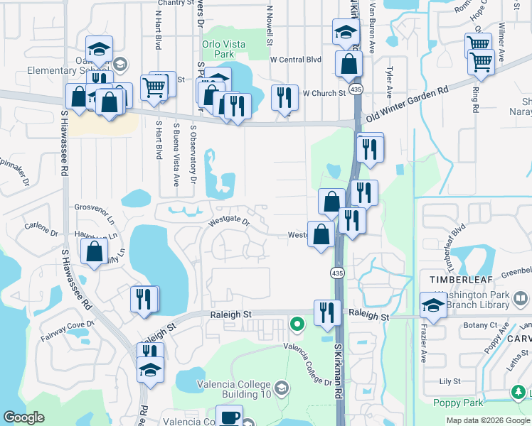 map of restaurants, bars, coffee shops, grocery stores, and more near 5959 Westgate Drive in Orlando