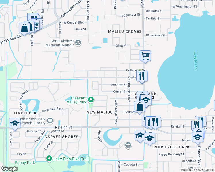 map of restaurants, bars, coffee shops, grocery stores, and more near 4632 America Street in Orlando