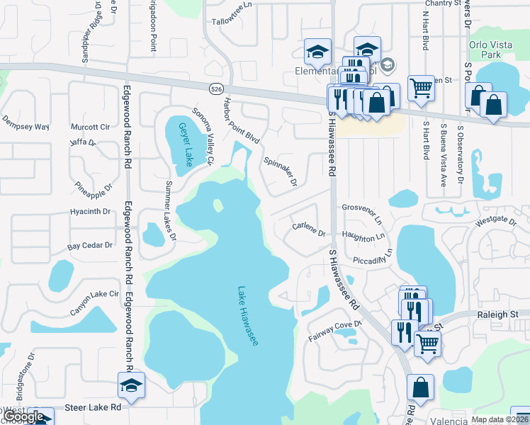 map of restaurants, bars, coffee shops, grocery stores, and more near 7153 Hiawassee Overlook Drive in Orlando