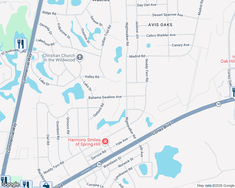 map of restaurants, bars, coffee shops, grocery stores, and more near 7311 Bahama Swallow Avenue in Spring Hill