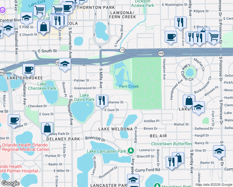 map of restaurants, bars, coffee shops, grocery stores, and more near 1412 Noble Place in Orlando