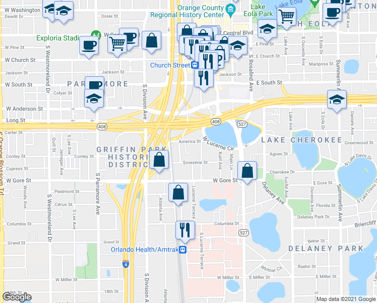 map of restaurants, bars, coffee shops, grocery stores, and more near 203 Ernestine Street in Orlando
