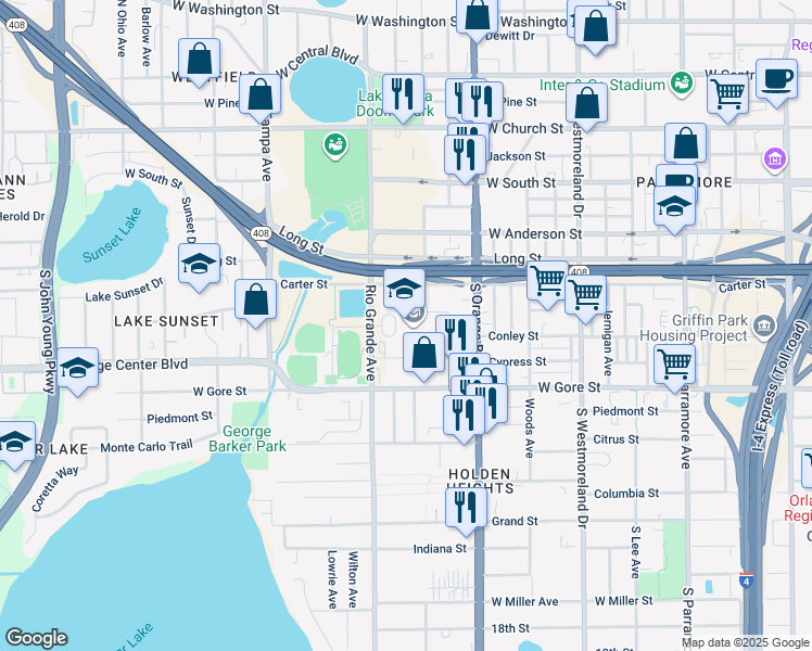 map of restaurants, bars, coffee shops, grocery stores, and more near 801-869 Rio Grande Avenue in Orlando