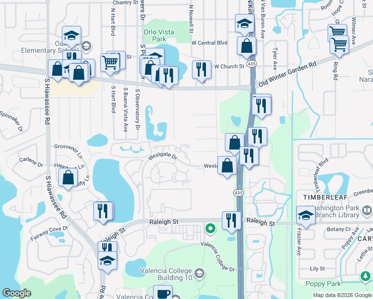 map of restaurants, bars, coffee shops, grocery stores, and more near 5955 Westgate Drive in Orlando