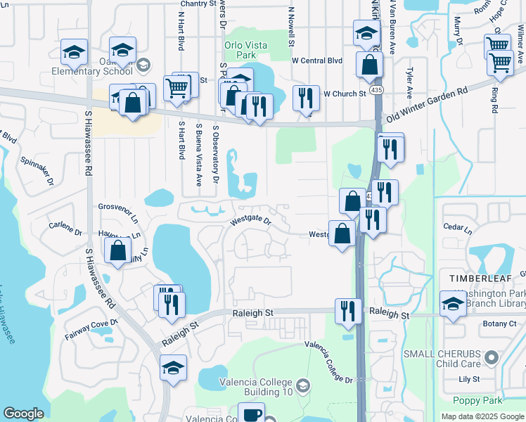 map of restaurants, bars, coffee shops, grocery stores, and more near 6005 Westgate Drive in Orlando