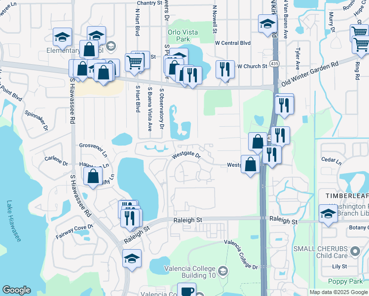 map of restaurants, bars, coffee shops, grocery stores, and more near 6055 Westgate Drive in Orlando