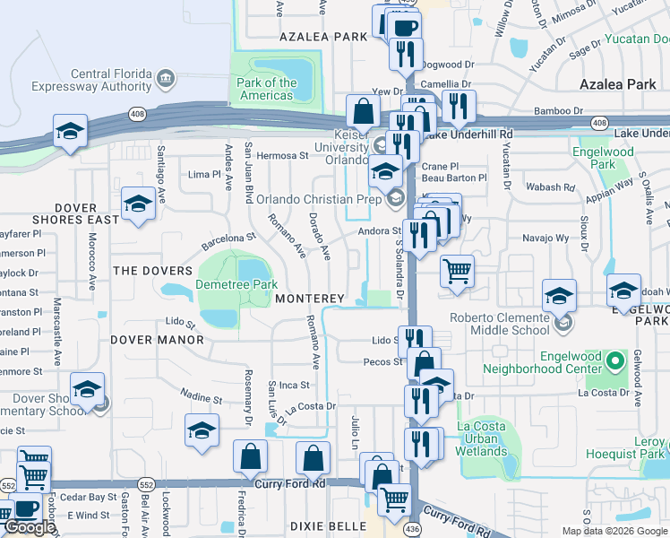 map of restaurants, bars, coffee shops, grocery stores, and more near 809 Mercado Avenue in Orlando