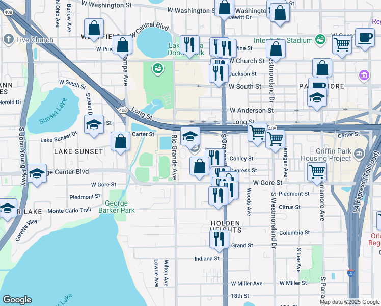 map of restaurants, bars, coffee shops, grocery stores, and more near 801 Rio Grande Avenue in Orlando