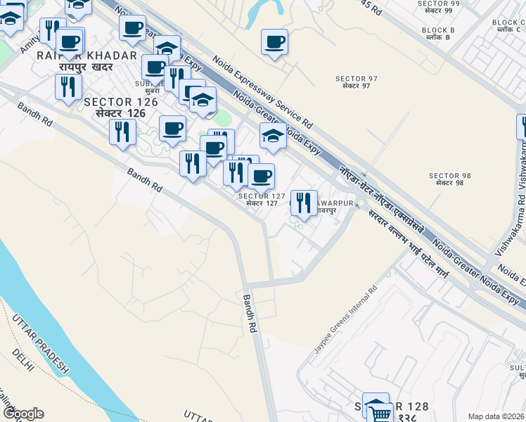 map of restaurants, bars, coffee shops, grocery stores, and more near Unnamed Road in Noida