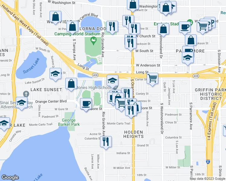map of restaurants, bars, coffee shops, grocery stores, and more near 801 Rio Grande Avenue in Orlando