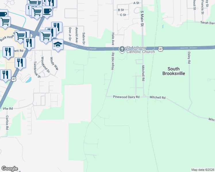 map of restaurants, bars, coffee shops, grocery stores, and more near 7153 Hope Hill Road in Brooksville